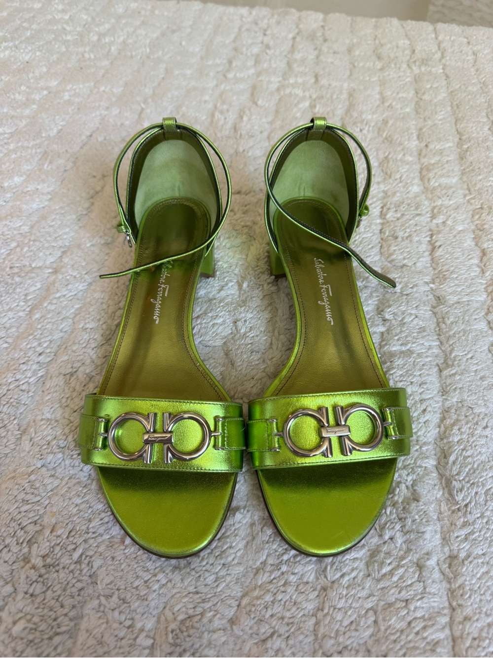 Salvatore Ferragamo Metallic Lime Green Gancini Ankle-Strap Sandals